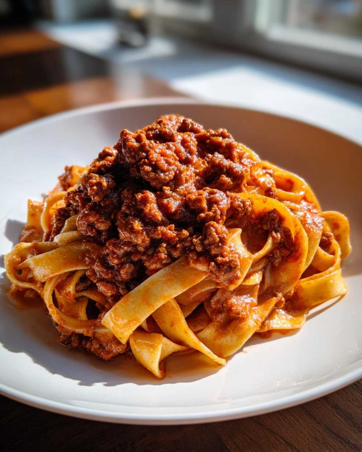 A close-up of rich bolognese sauce generously spooned over wide ribbons of fresh tagliatelle pasta on a white plate.