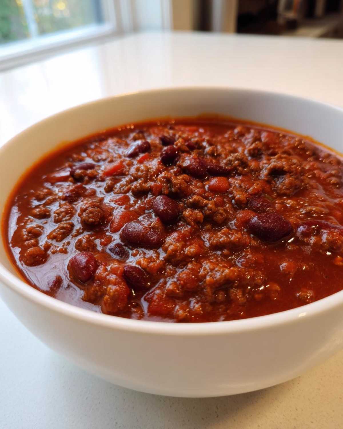 Close-up of a hearty bowl of rich, red crockpot chili filled with ground meat and kidney beans.