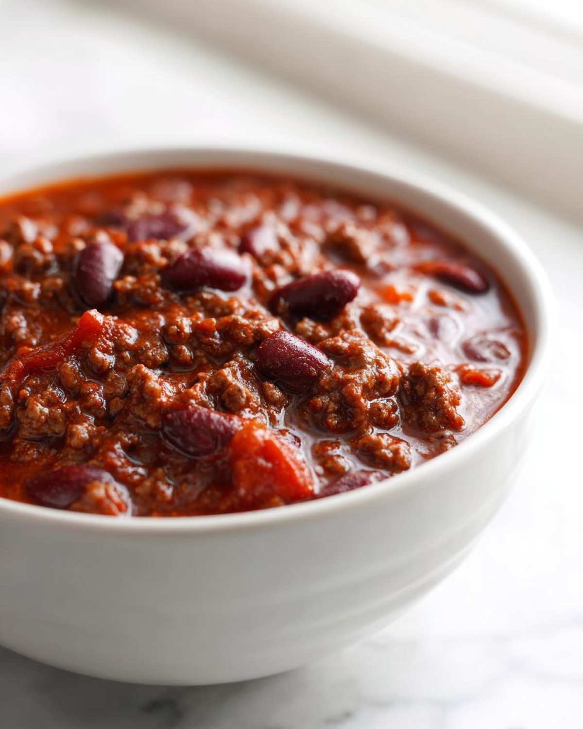 Close-up of a white bowl filled with rich, hearty crockpot chili featuring ground meat and dark red kidney beans.