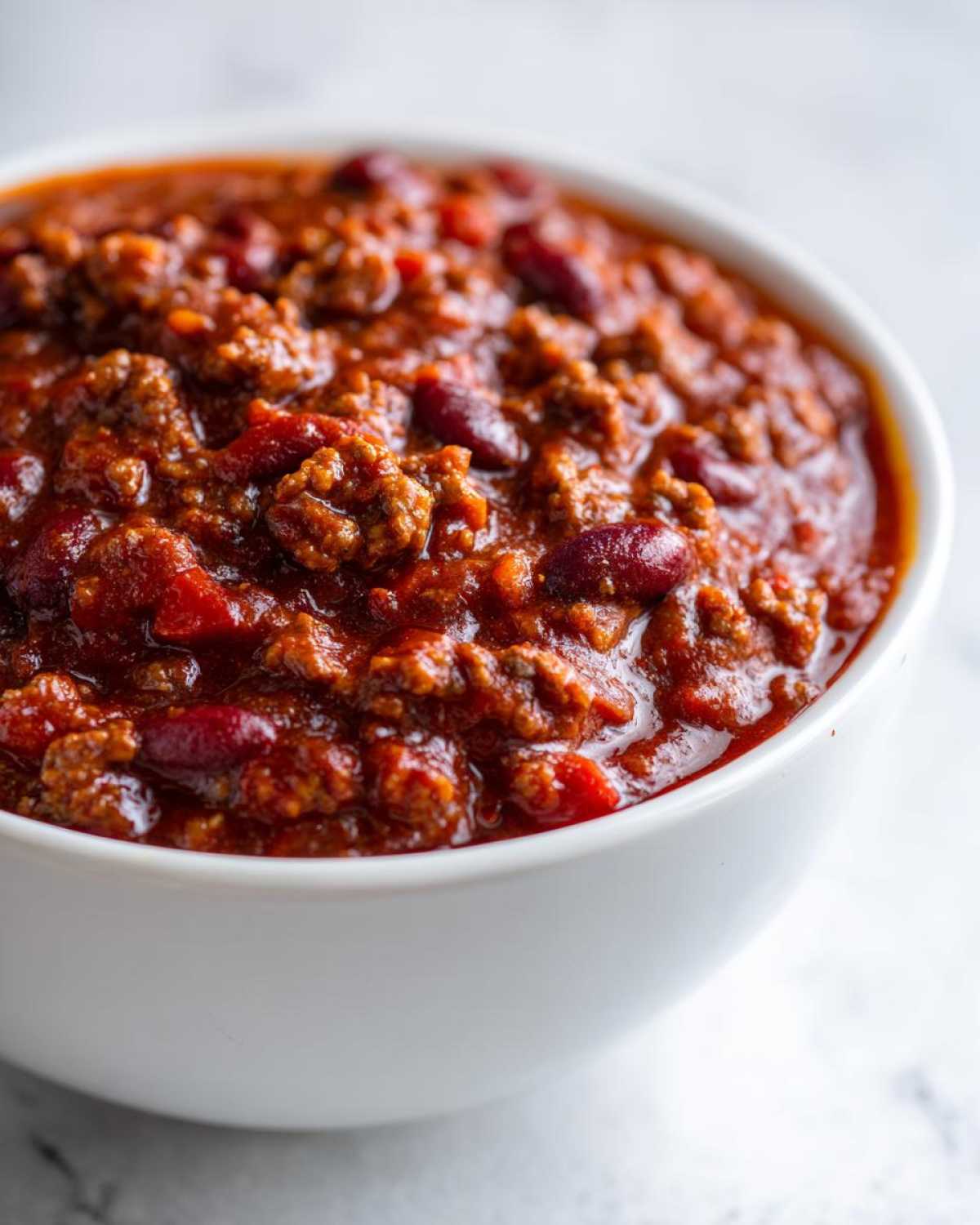 Close-up of a white bowl filled with thick, rich, red crockpot chili featuring ground meat and kidney beans.