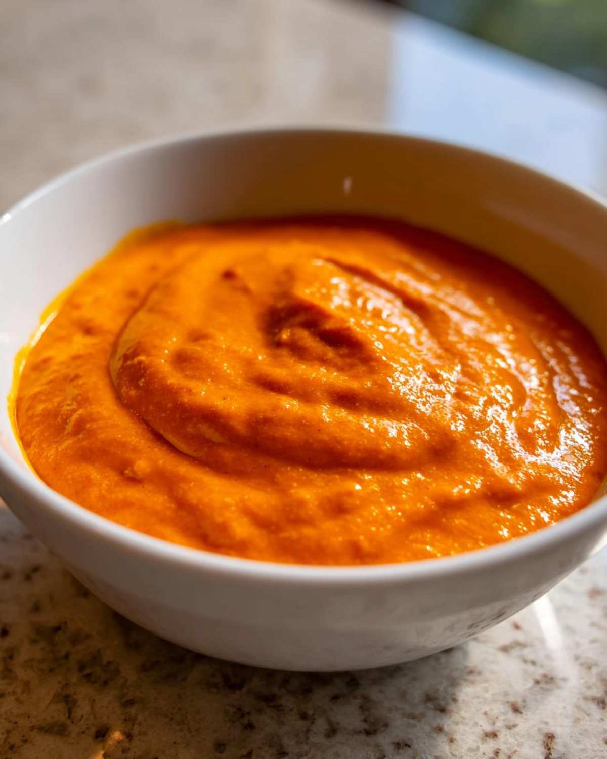 Close-up of a thick, vibrant orange nacho cheese sauce swirled in a small white bowl.