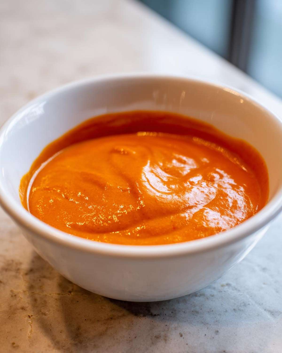 Close-up of smooth, vibrant orange nacho cheese sauce served in a small white bowl on a light countertop.