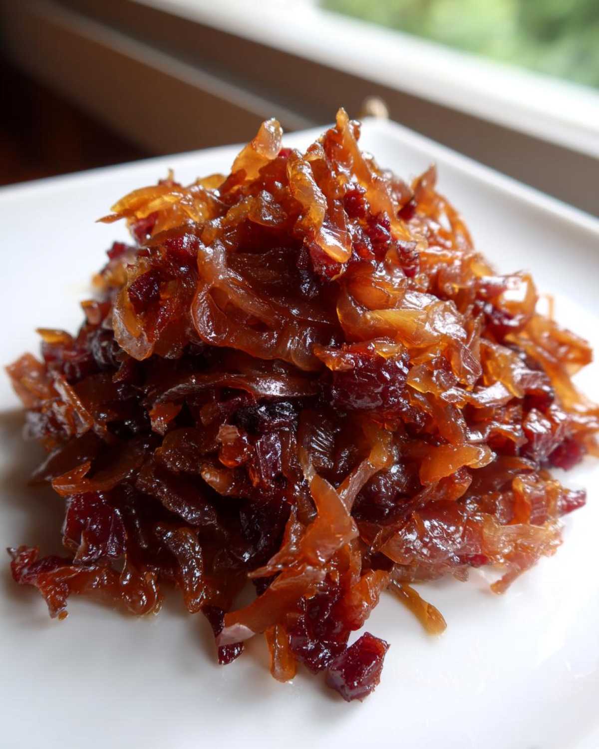 Close-up of a mound of deeply colored, glossy caramelized onions served on a white plate.