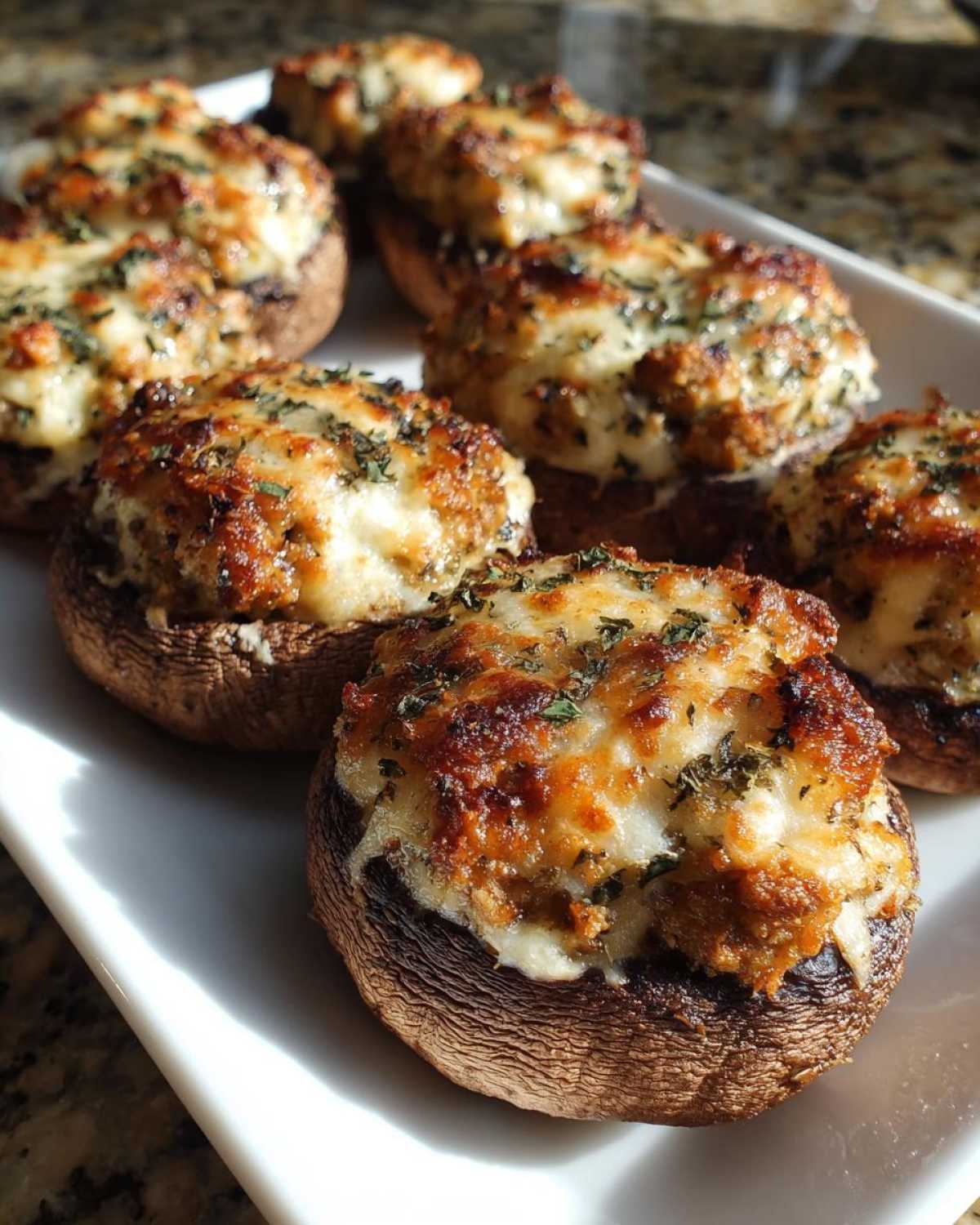 A close-up of several baked sausage stuffed mushrooms topped with melted, browned cheese and herbs.