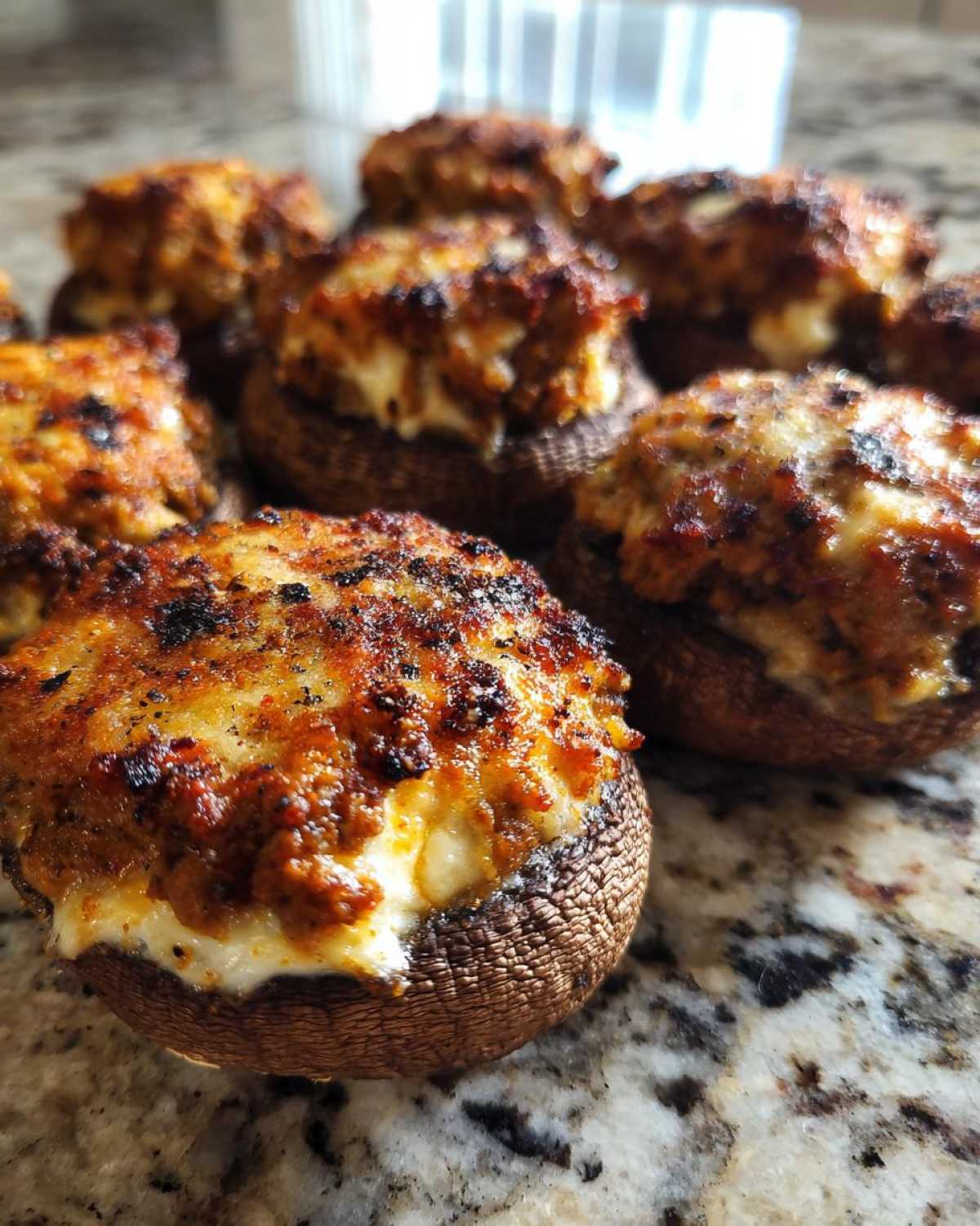 Close-up of several golden-brown, baked sausage stuffed mushrooms with melted cheese topping on a granite counter.