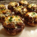 Close-up of several baked sausage stuffed mushrooms topped with melted cheese and parsley.