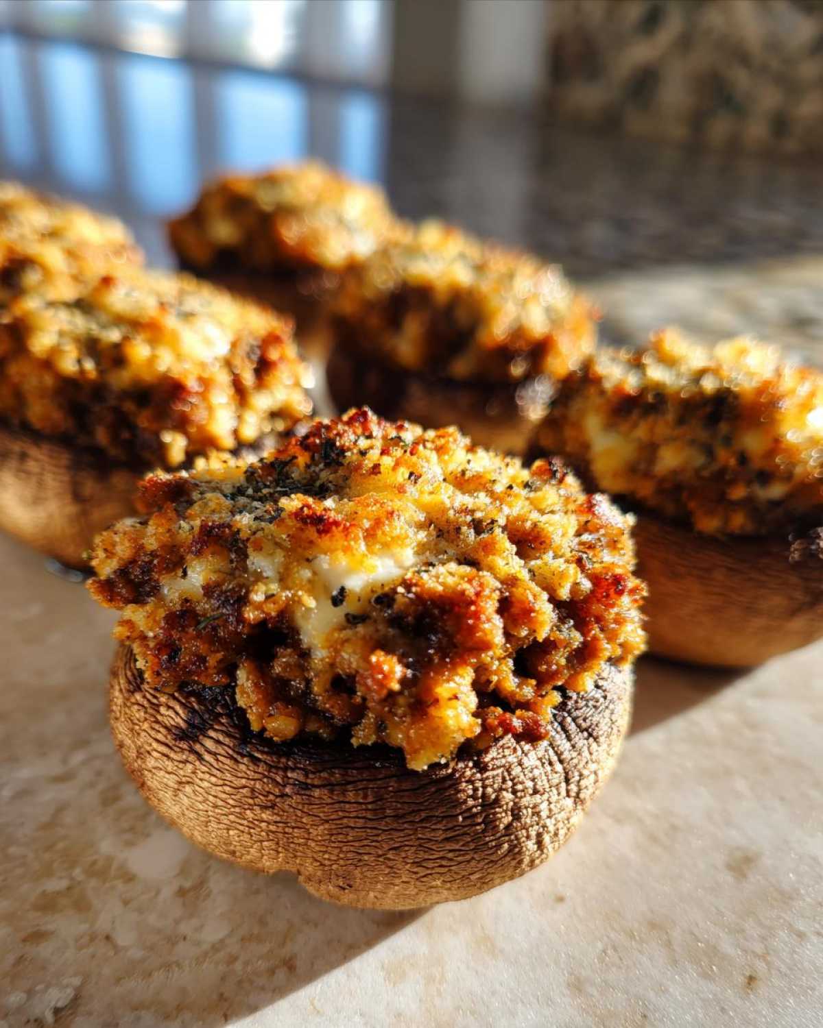 Close-up of perfectly baked Sausage stuffed mushrooms with a golden, crispy topping.