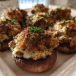 Close-up of several golden brown sausage stuffed mushrooms garnished with fresh parsley on a white platter.