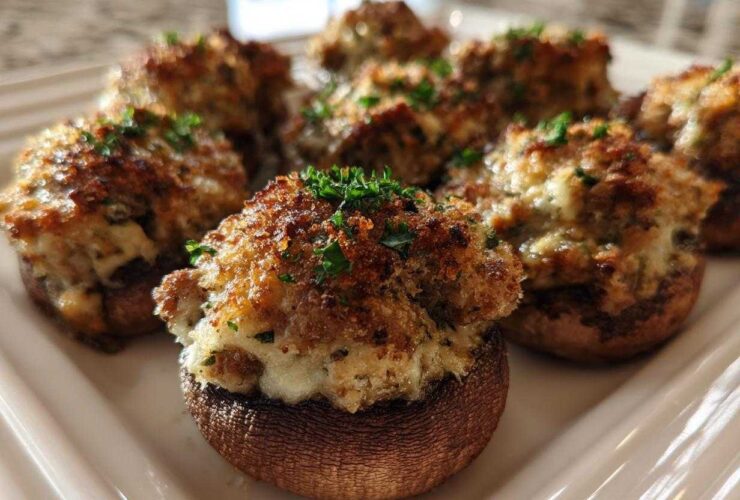 Close-up of several golden brown sausage stuffed mushrooms garnished with fresh parsley on a white platter.