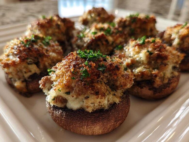 Close-up of several golden brown sausage stuffed mushrooms garnished with fresh parsley on a white platter.