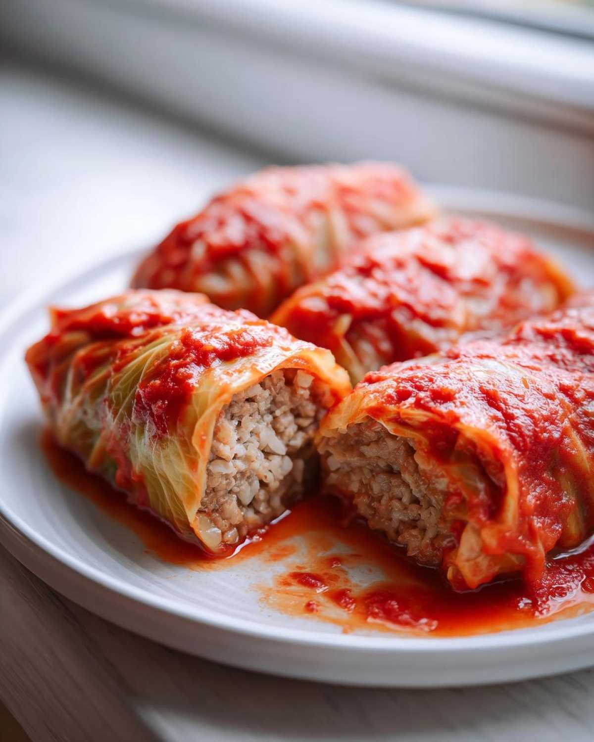 A plate featuring several savory cabbage rolls smothered in bright red tomato sauce, one cut open showing the rice and meat filling.