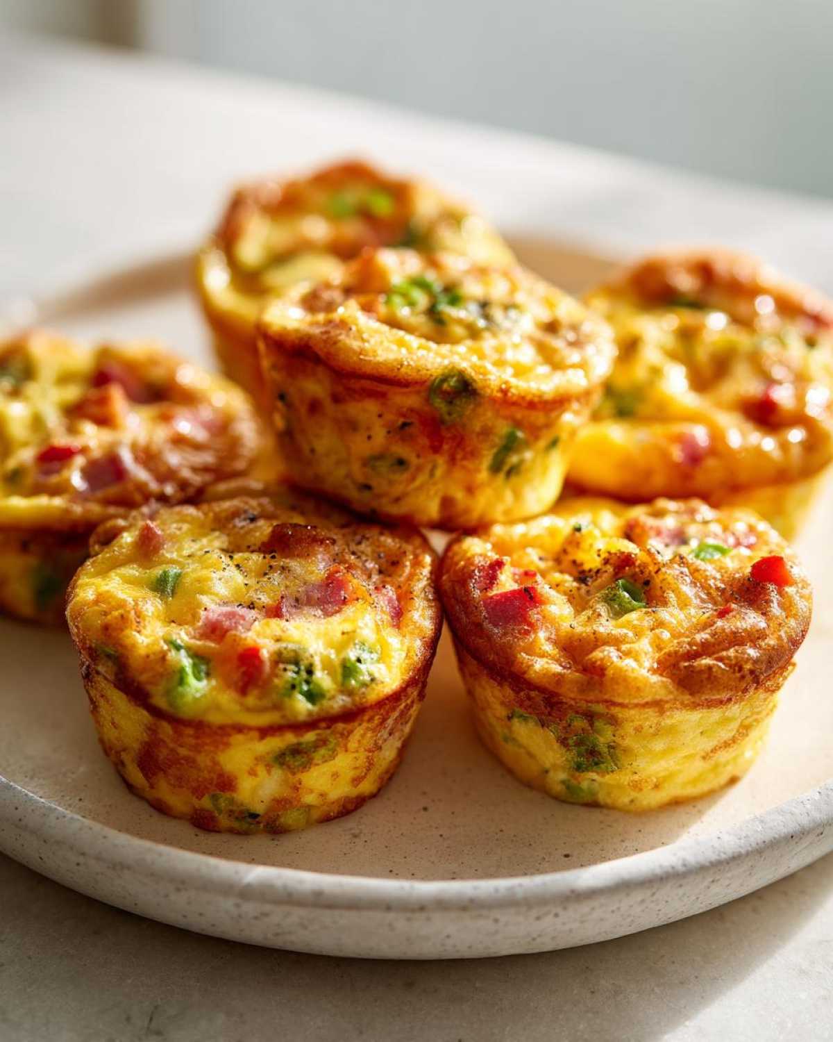 Five golden-brown Egg Muffin Cups filled with peppers and ham, resting on a speckled ceramic plate.