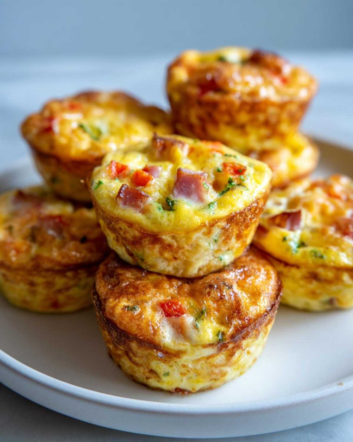 A stack of freshly baked, golden brown Egg Muffin Cups filled with visible pieces of ham and red pepper.