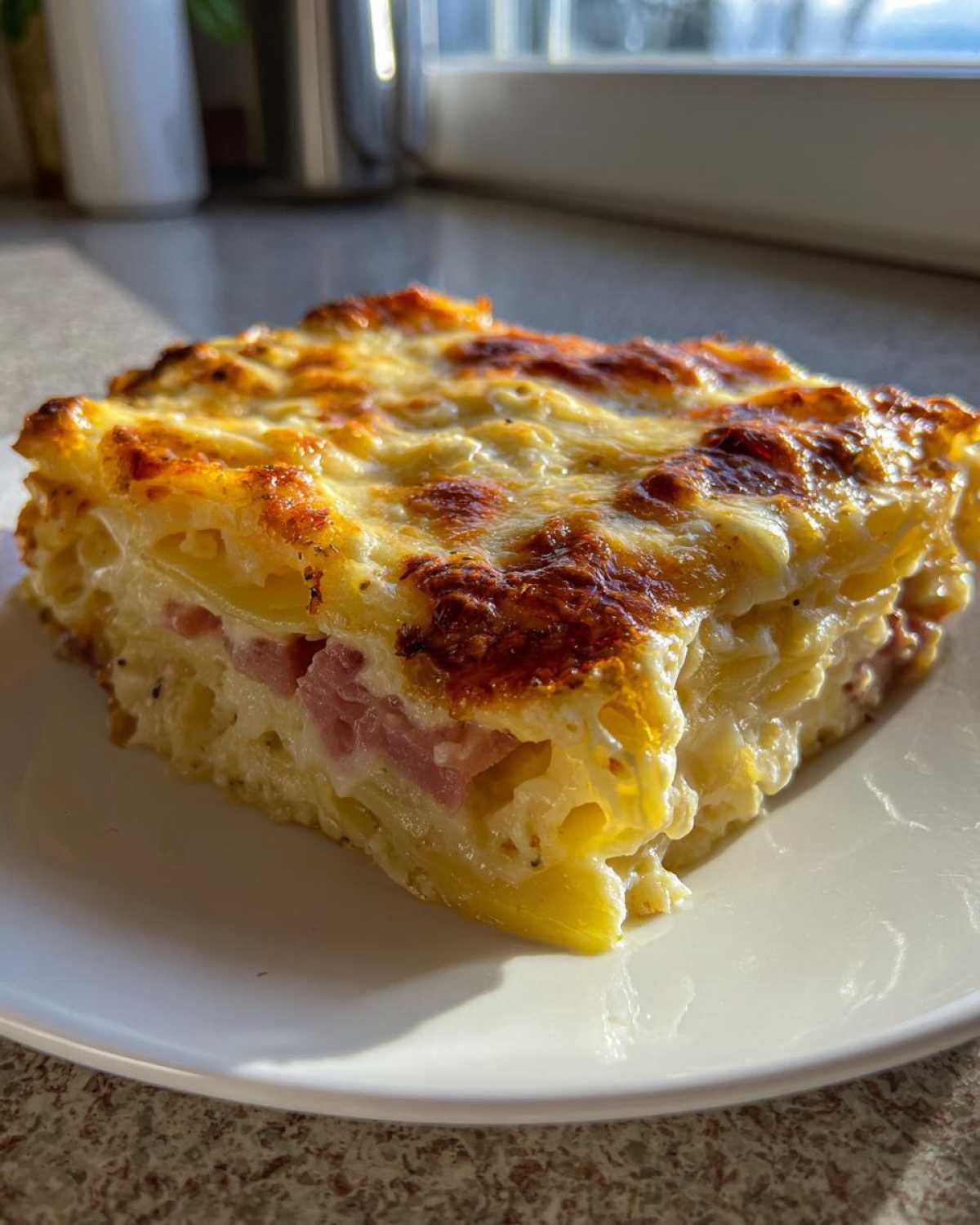 A thick slice of baked scalloped potatoes and ham, covered in a golden, bubbly cheese sauce, served on a white plate.