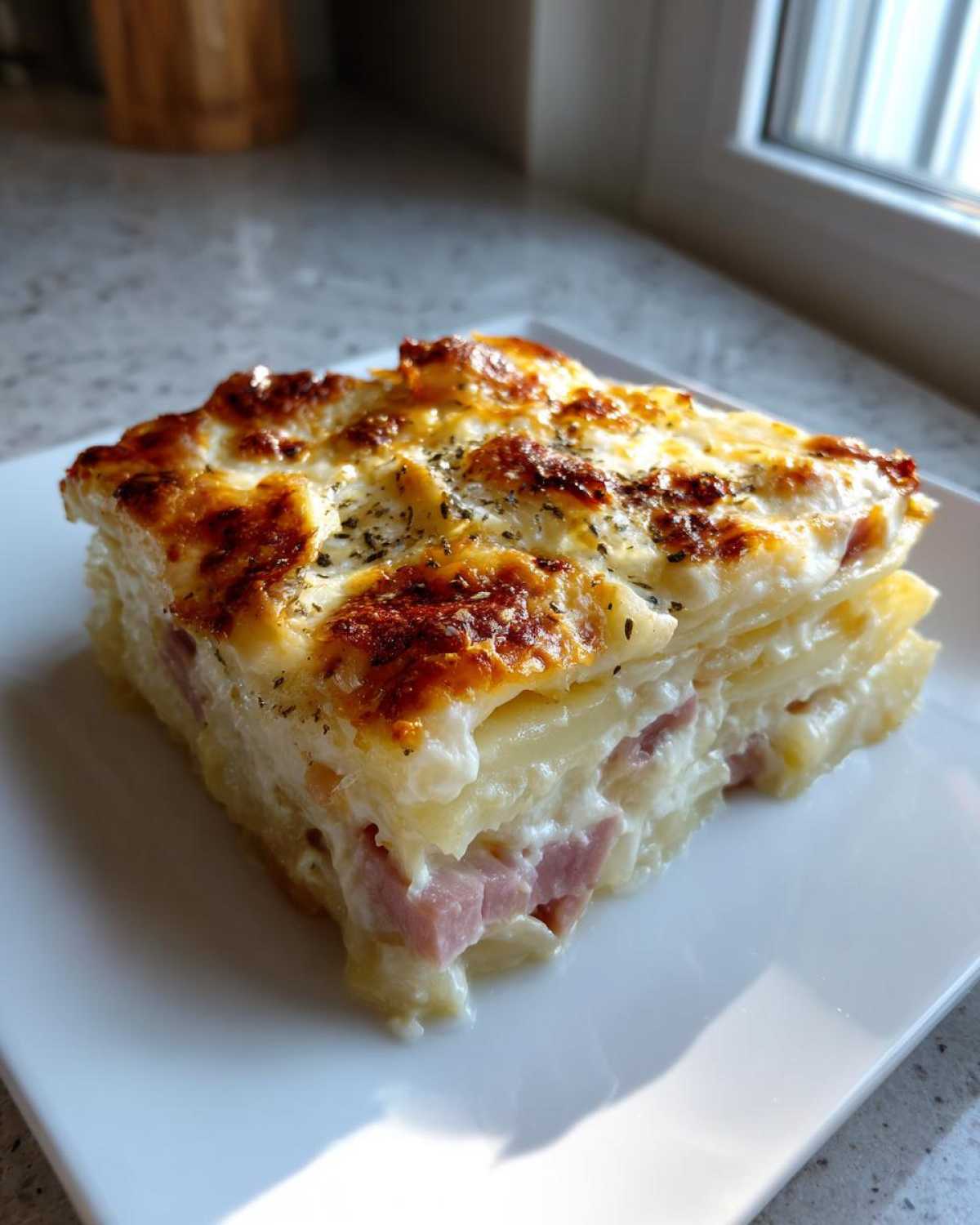 A square slice of creamy scalloped potatoes and ham with a golden, cheesy, baked top.