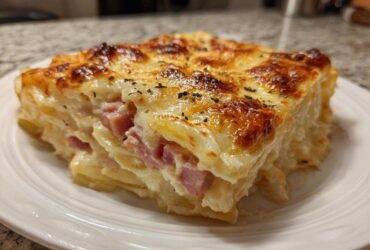 A thick, square slice of cheesy scalloped potatoes and ham with a golden-brown, bubbly top.