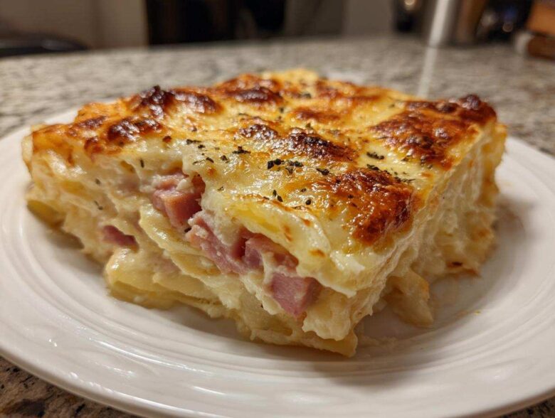 A thick, square slice of cheesy scalloped potatoes and ham with a golden-brown, bubbly top.