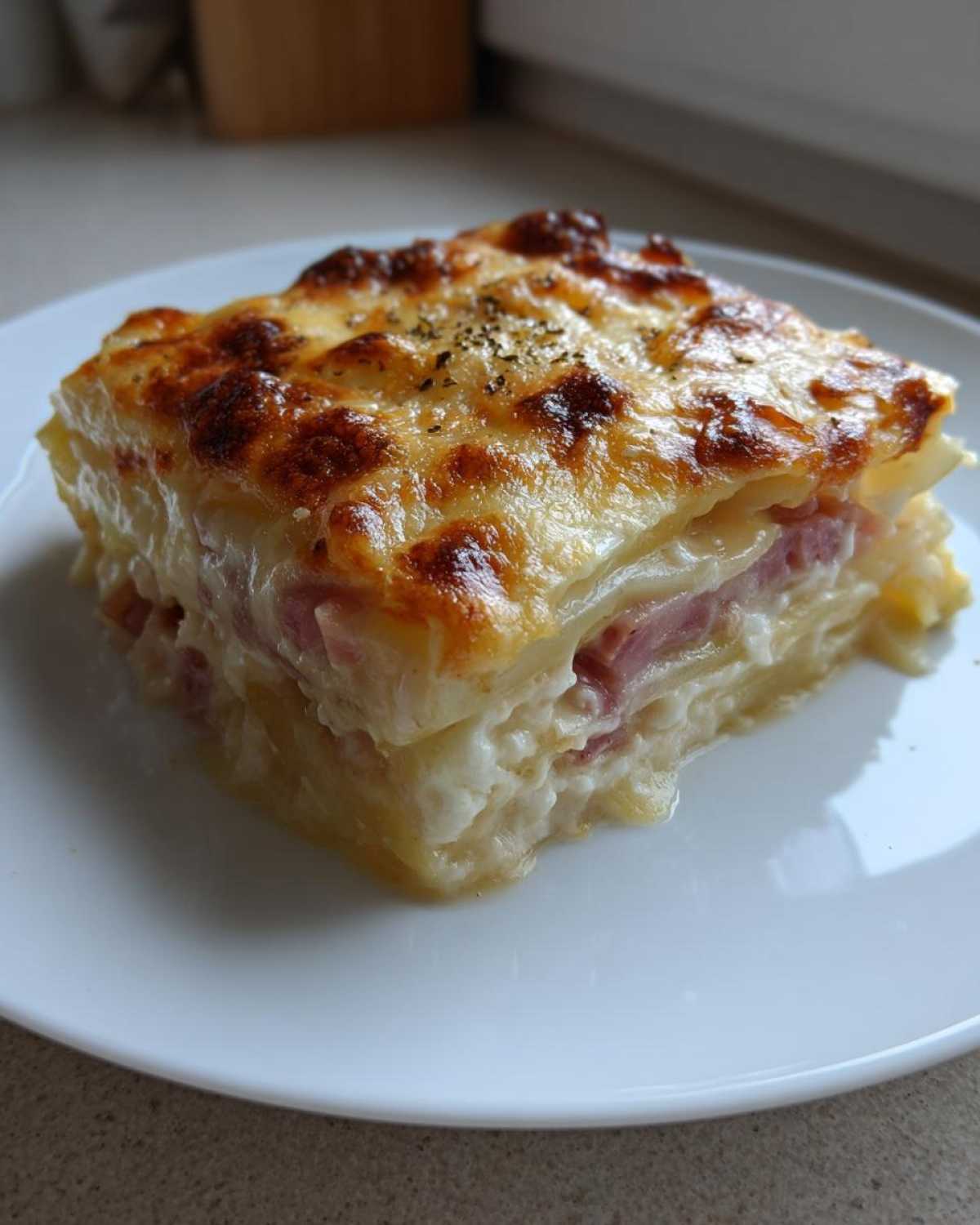 A square serving of rich scalloped potatoes and ham layered with creamy sauce and topped with bubbly, browned cheese.