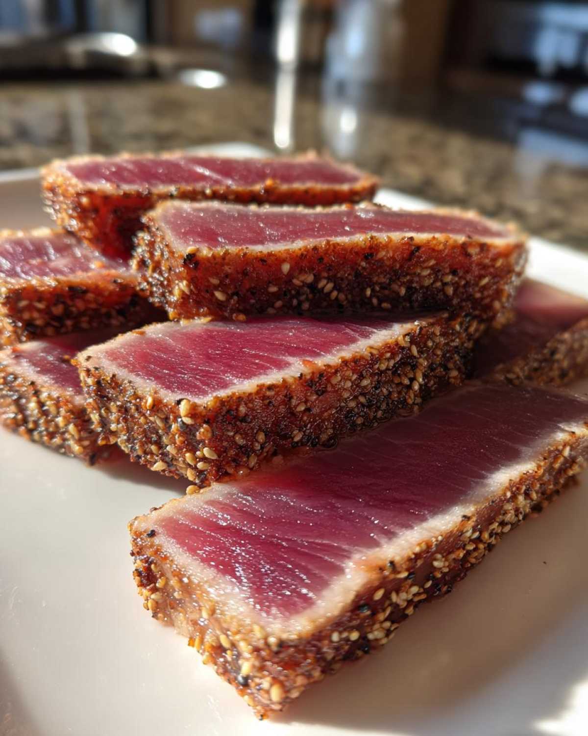 Close-up of perfectly seared ahi tuna slices, featuring a dark sesame seed crust and rare, deep red center.