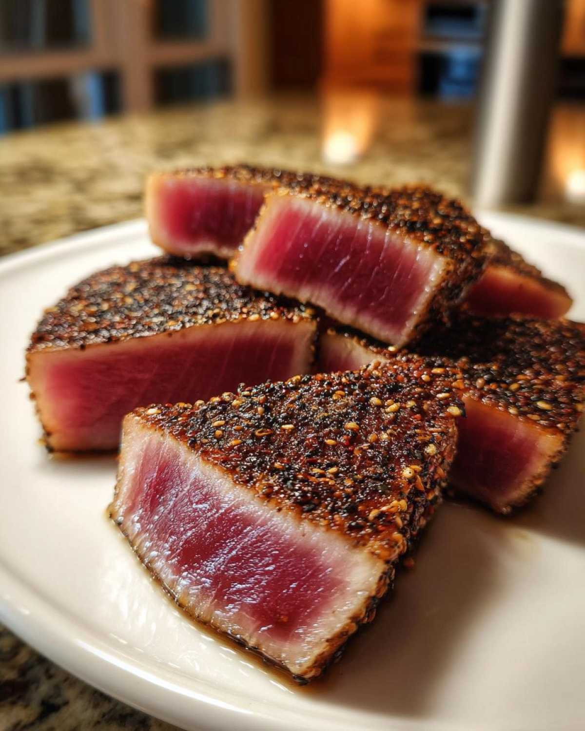 Close-up of perfectly seared ahi tuna, crusted with sesame seeds, sliced to show rare, ruby-red center.