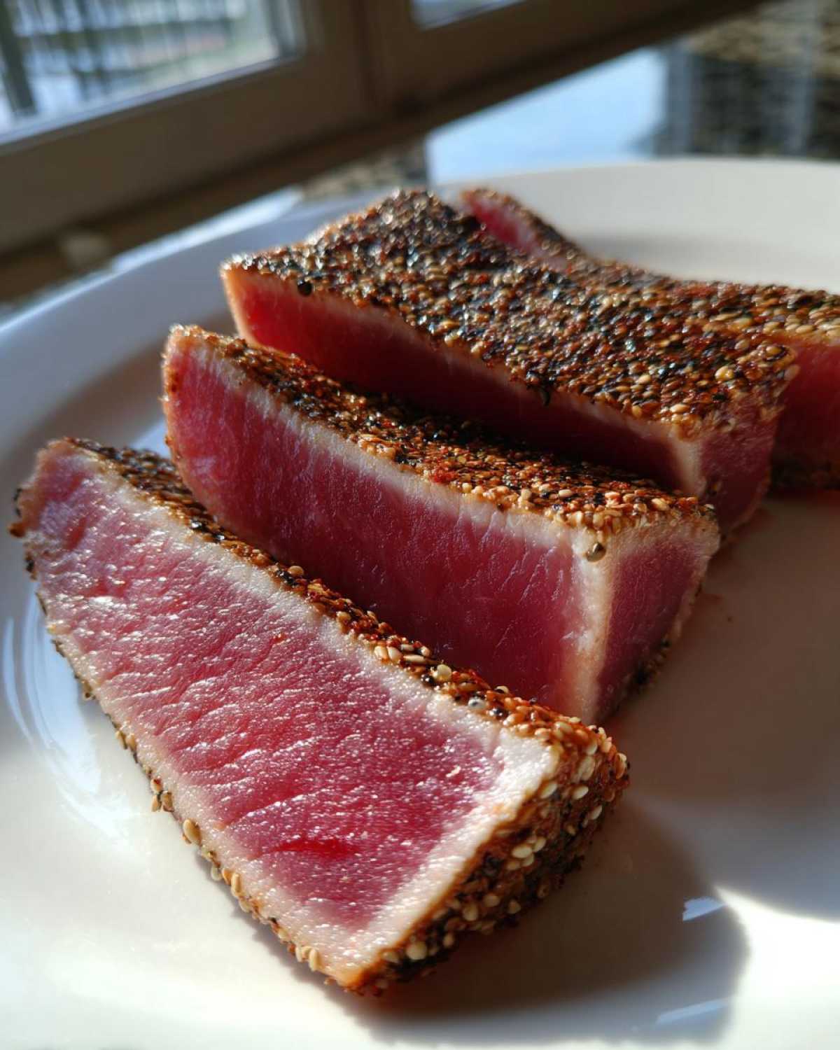 Close-up of three thick slices of perfectly seared Ahi Tuna, showing a rare pink center and sesame seed crust.