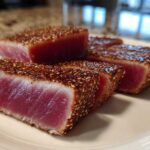 Four thick slices of perfectly seared Ahi Tuna, crusted with sesame seeds, showing a bright pink, rare center.