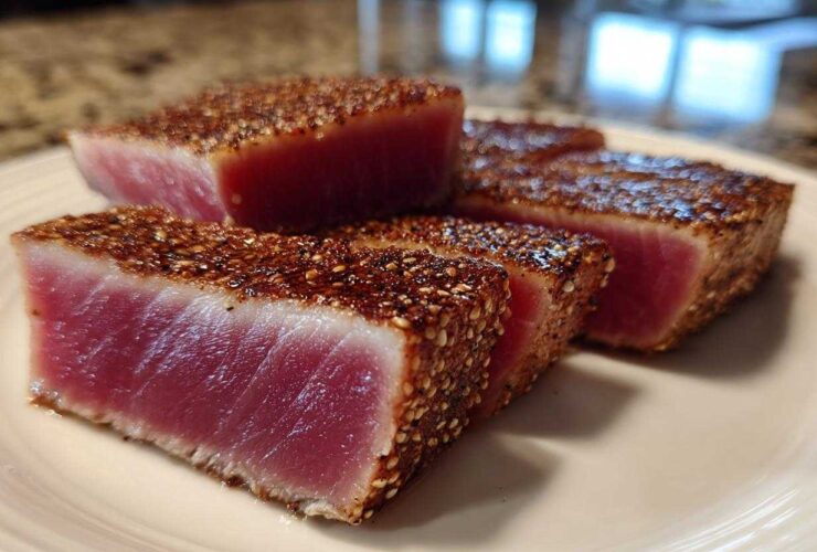 Four thick slices of perfectly seared Ahi Tuna, crusted with sesame seeds, showing a bright pink, rare center.