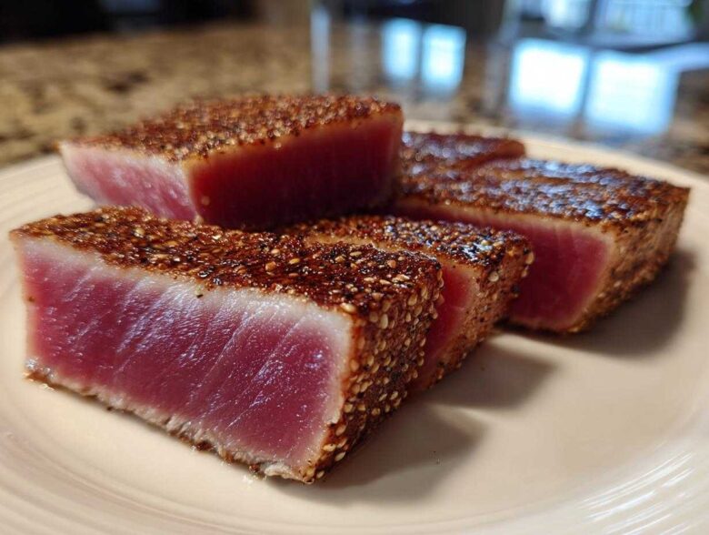 Four thick slices of perfectly seared Ahi Tuna, crusted with sesame seeds, showing a bright pink, rare center.