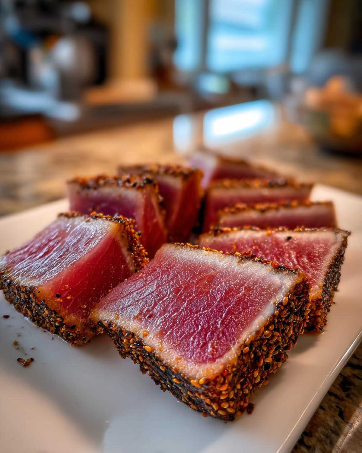 Slices of perfectly seared ahi tuna with a dark sesame seed crust and rare, ruby-red center.
