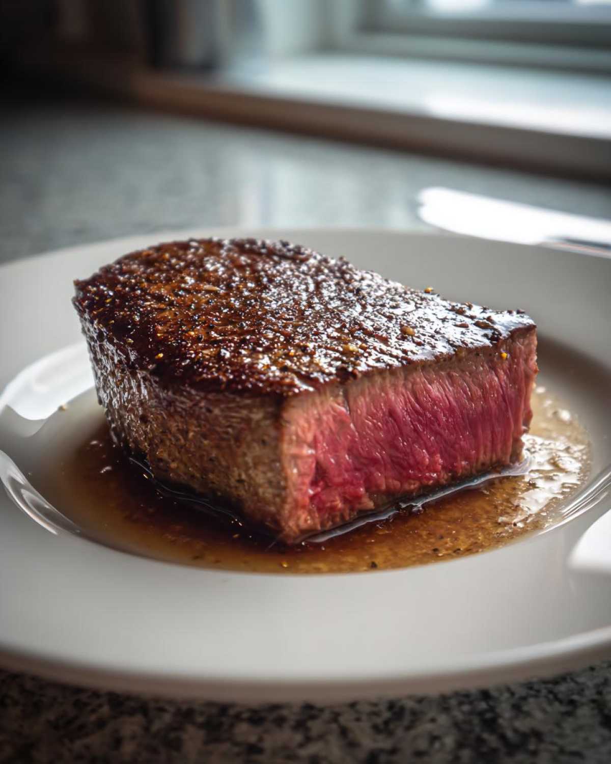 Close-up of a perfectly seared steak, cooked medium-rare, resting in its juices, illustrating the results of a good MARINADE FOR TUNA STEAK.