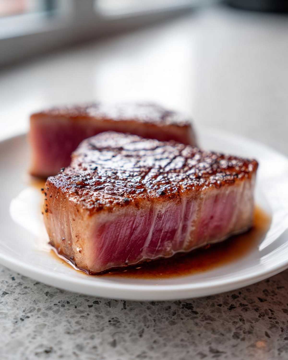 Close-up of two perfectly seared tuna steak portions showing a deep red, rare center after being treated with a MARINADE FOR TUNA STEAK.