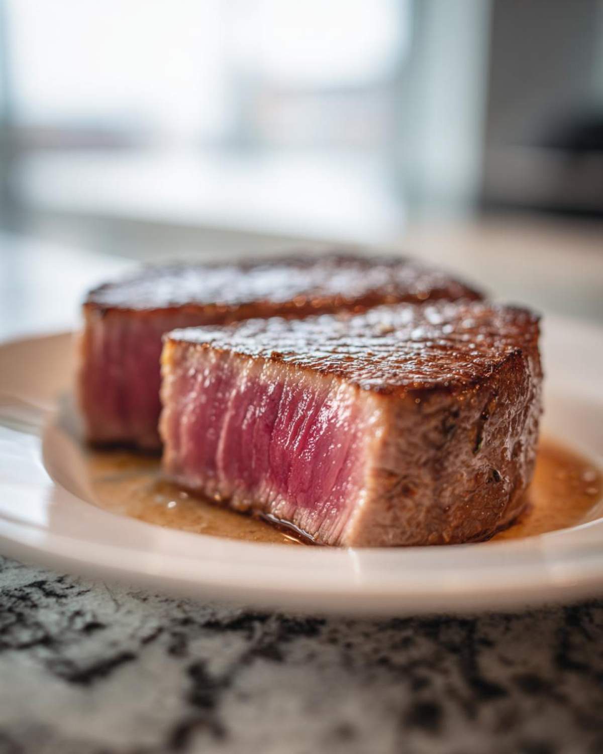 Close-up of a perfectly seared tuna steak, showing a bright pink, rare center, resting in its juices.