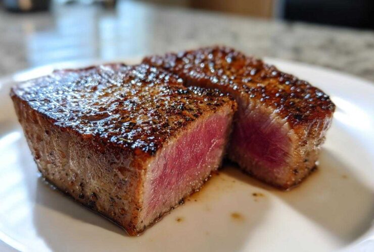 Close-up of a perfectly seared tuna steak, cut in half to show a rare, pink center, ideal for a MARINADE FOR TUNA STEAK recipe.