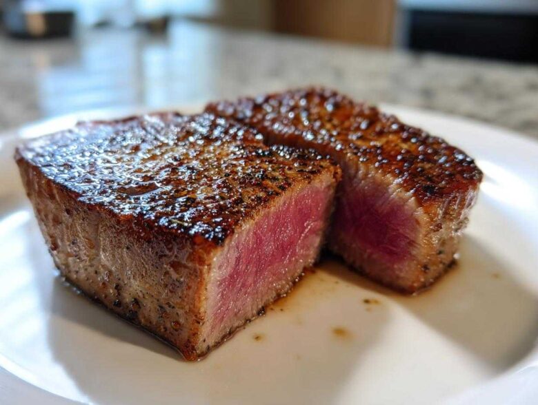Close-up of a perfectly seared tuna steak, cut in half to show a rare, pink center, ideal for a MARINADE FOR TUNA STEAK recipe.