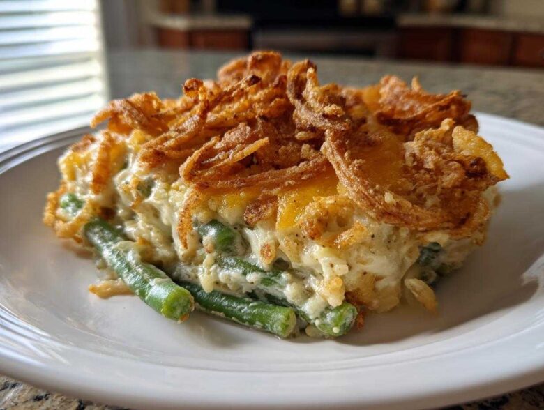 A close-up serving of creamy green bean casserole topped generously with golden, crispy fried onions.