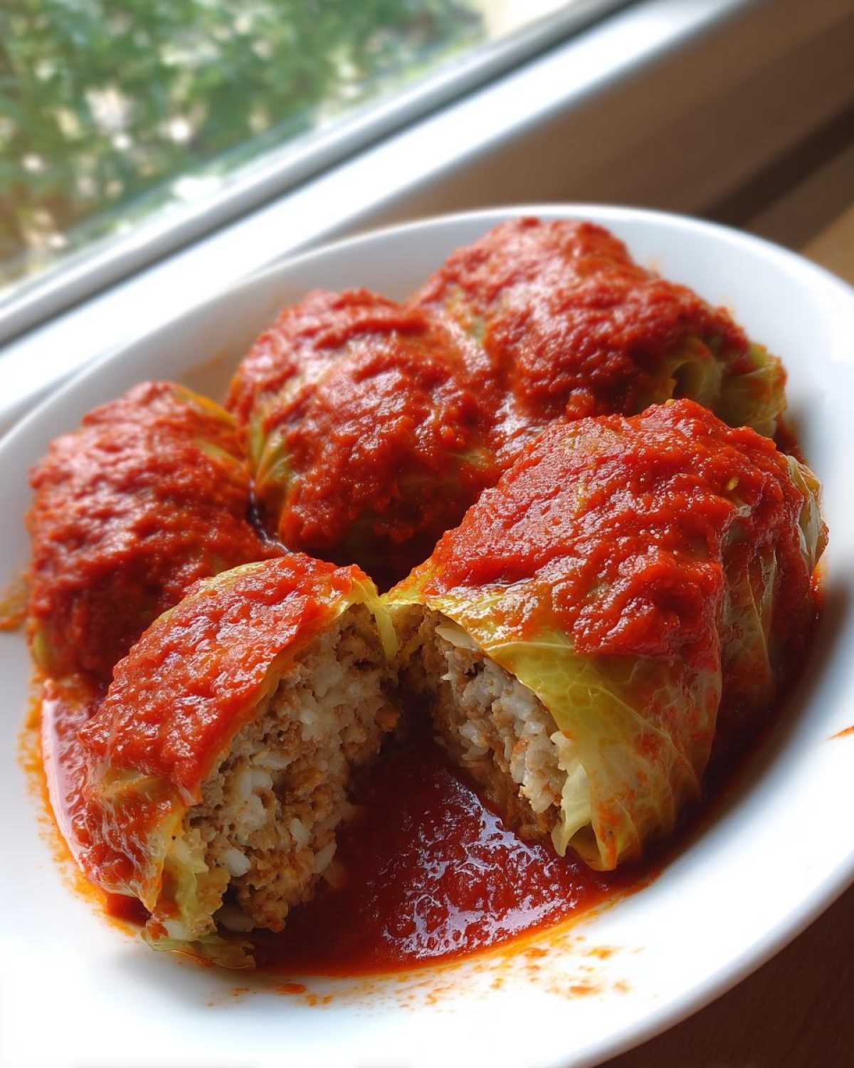 Four plump cabbage rolls smothered in rich tomato sauce, one cut open to show the rice and meat filling.