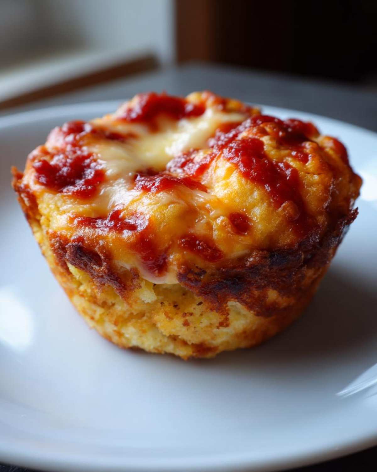 A single, golden-brown Pizza Muffin topped with melted cheese and tomato sauce, sitting on a white plate.