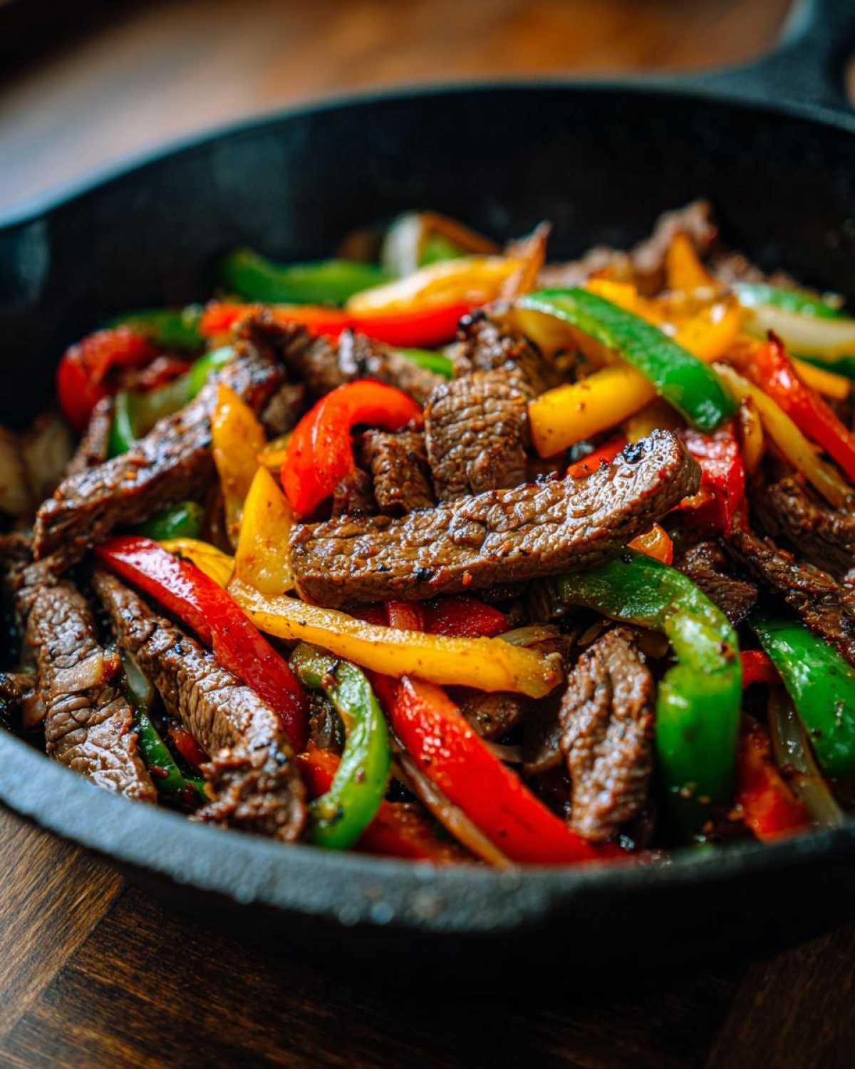Close-up of sizzling steak fajitas with colorful bell peppers (red, green, yellow) in a black cast iron skillet.