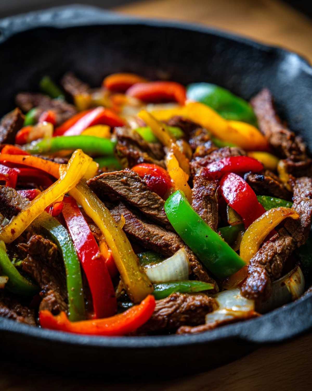 Close-up of sizzling steak fajitas with colorful bell peppers and onions in a black cast iron skillet.