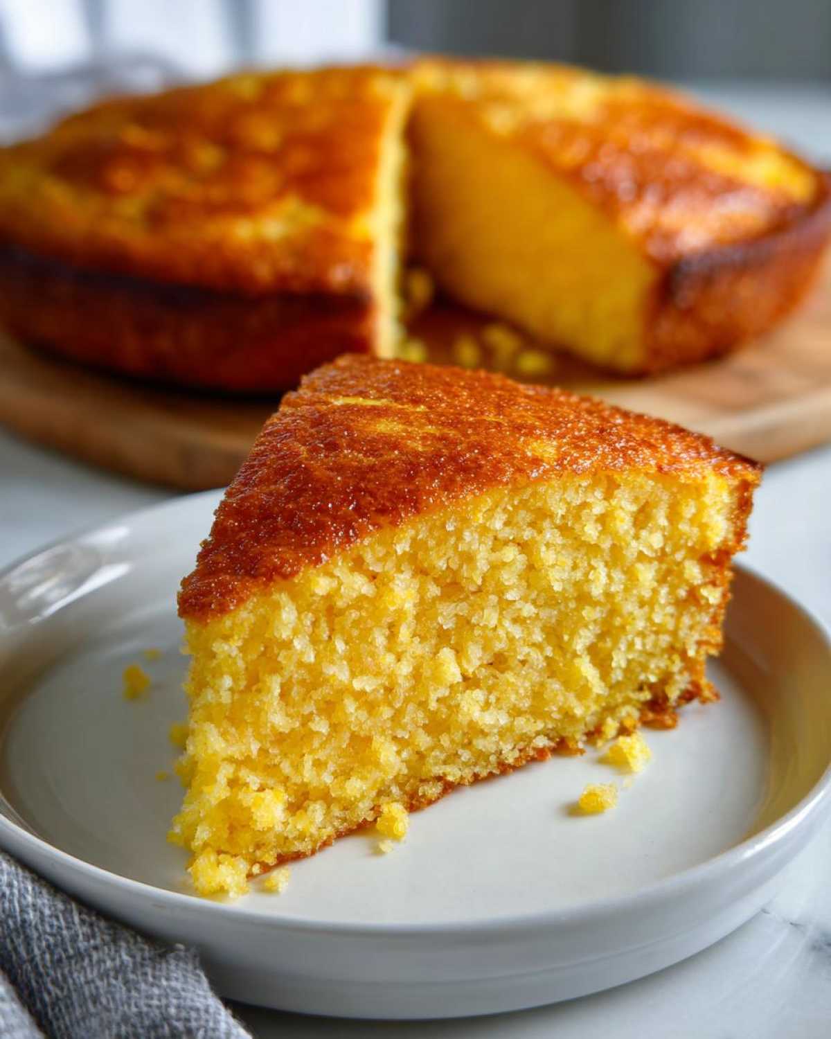 A close-up of a moist, golden slice of skillet cornbread served on a white plate.