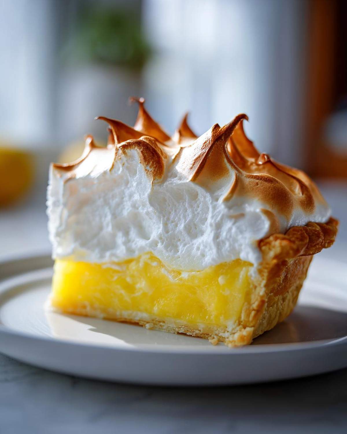 Close-up of a slice of lemon meringue pie showing tall, perfectly toasted meringue peaks over bright yellow curd.