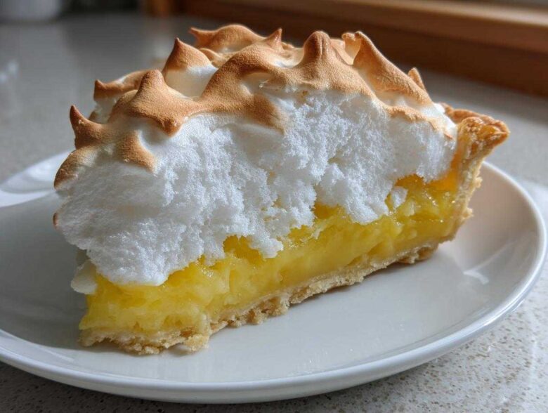 A close-up slice of lemon meringue pie showing a thick layer of bright yellow filling and towering, toasted meringue peaks.