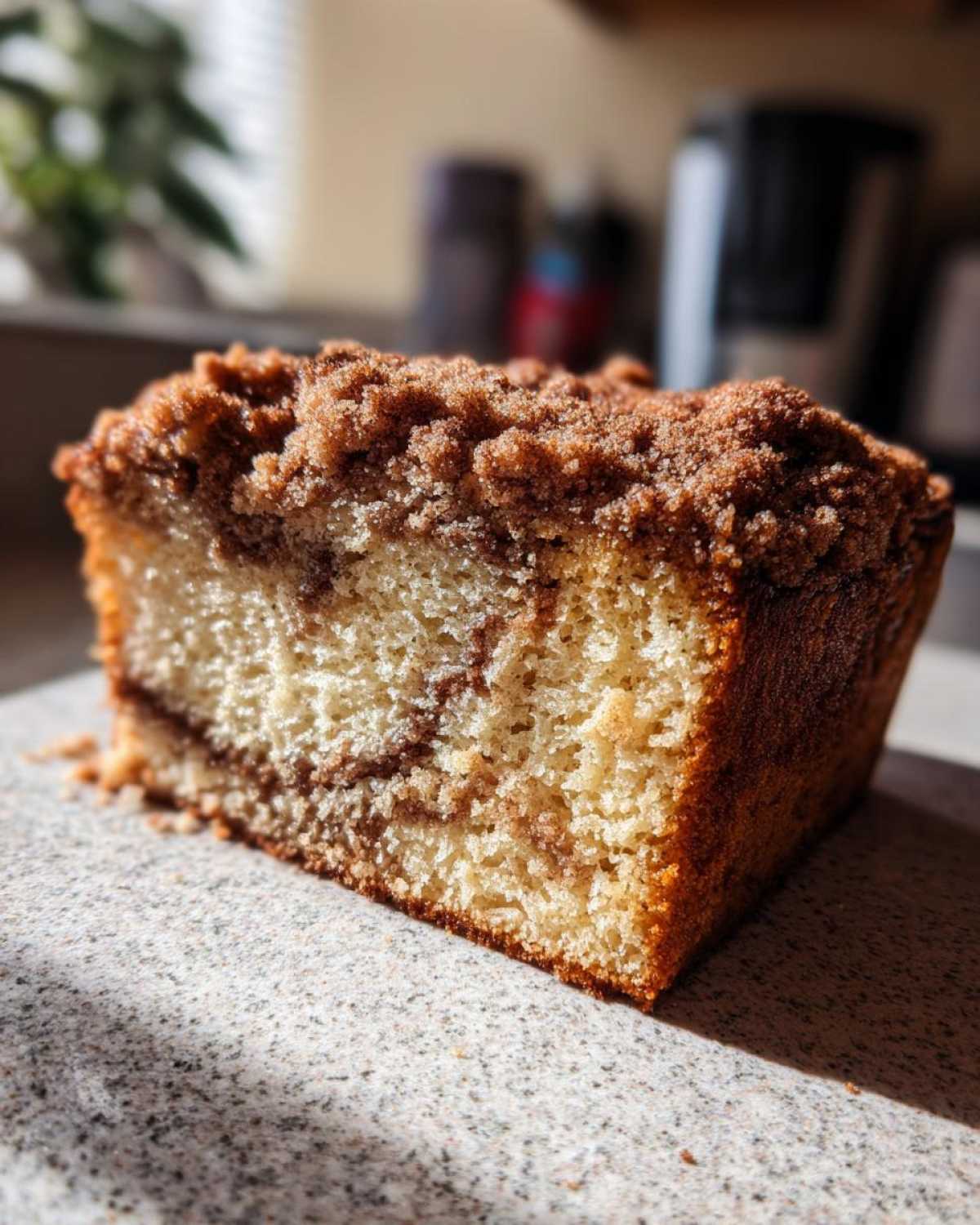 Close-up of a moist slice of coffee cake featuring a thick, crumbly cinnamon streusel topping and a visible cinnamon swirl inside.