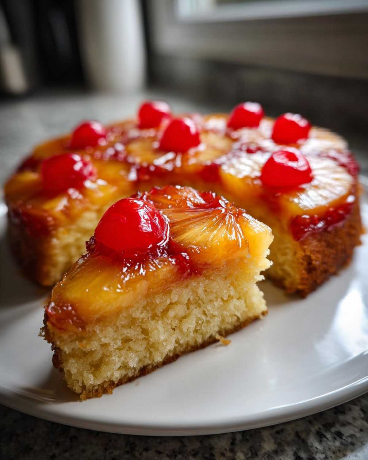 A close-up shot of a slice of moist pineapple upside down cake topped with caramelized pineapple and maraschino cherries.