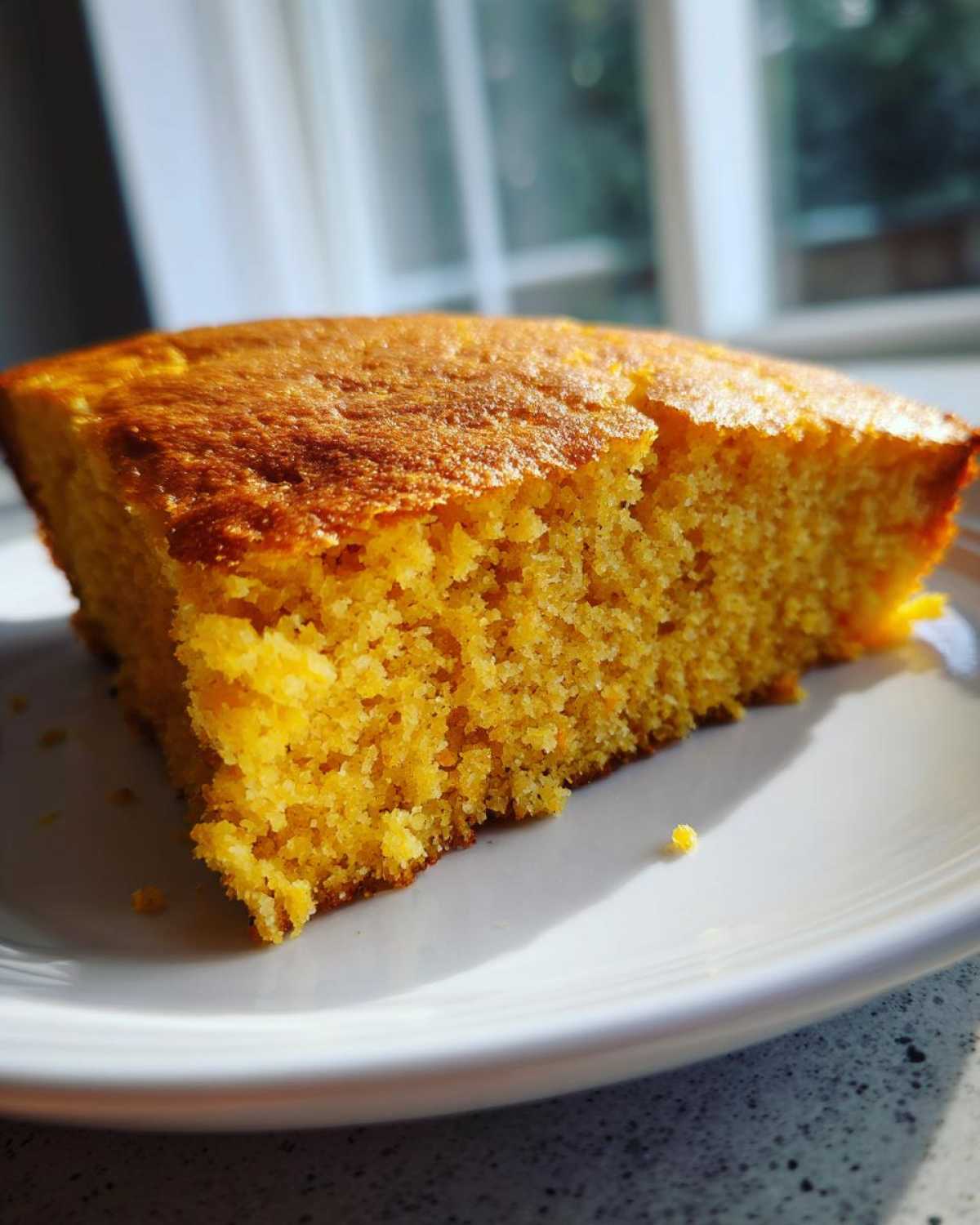 Close-up of a moist, golden slice of skillet cornbread resting on a white plate near a window.