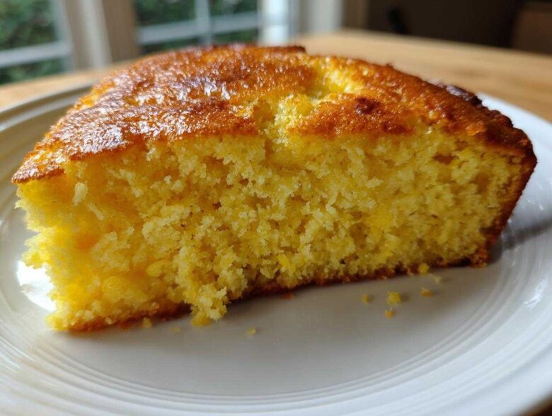 Close-up of a thick, moist slice of yellow skillet cornbread showing its crumb texture on a white plate.