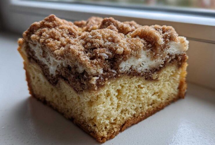 Close-up of a moist slice of sour cream coffee cake showing the crumb, cinnamon swirl, and thick streusel topping.