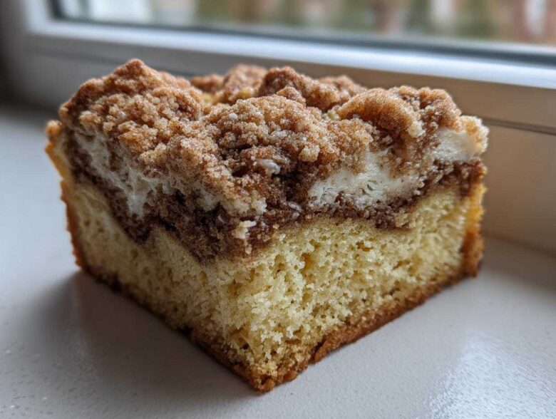 Close-up of a moist slice of sour cream coffee cake showing the crumb, cinnamon swirl, and thick streusel topping.