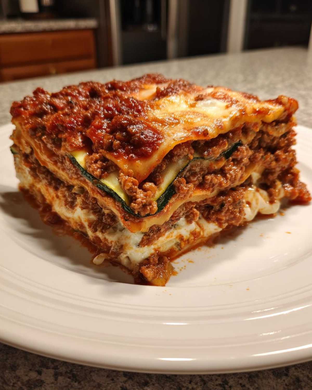A decadent, layered slice of zucchini lasagna topped with melted cheese and hearty meat sauce.