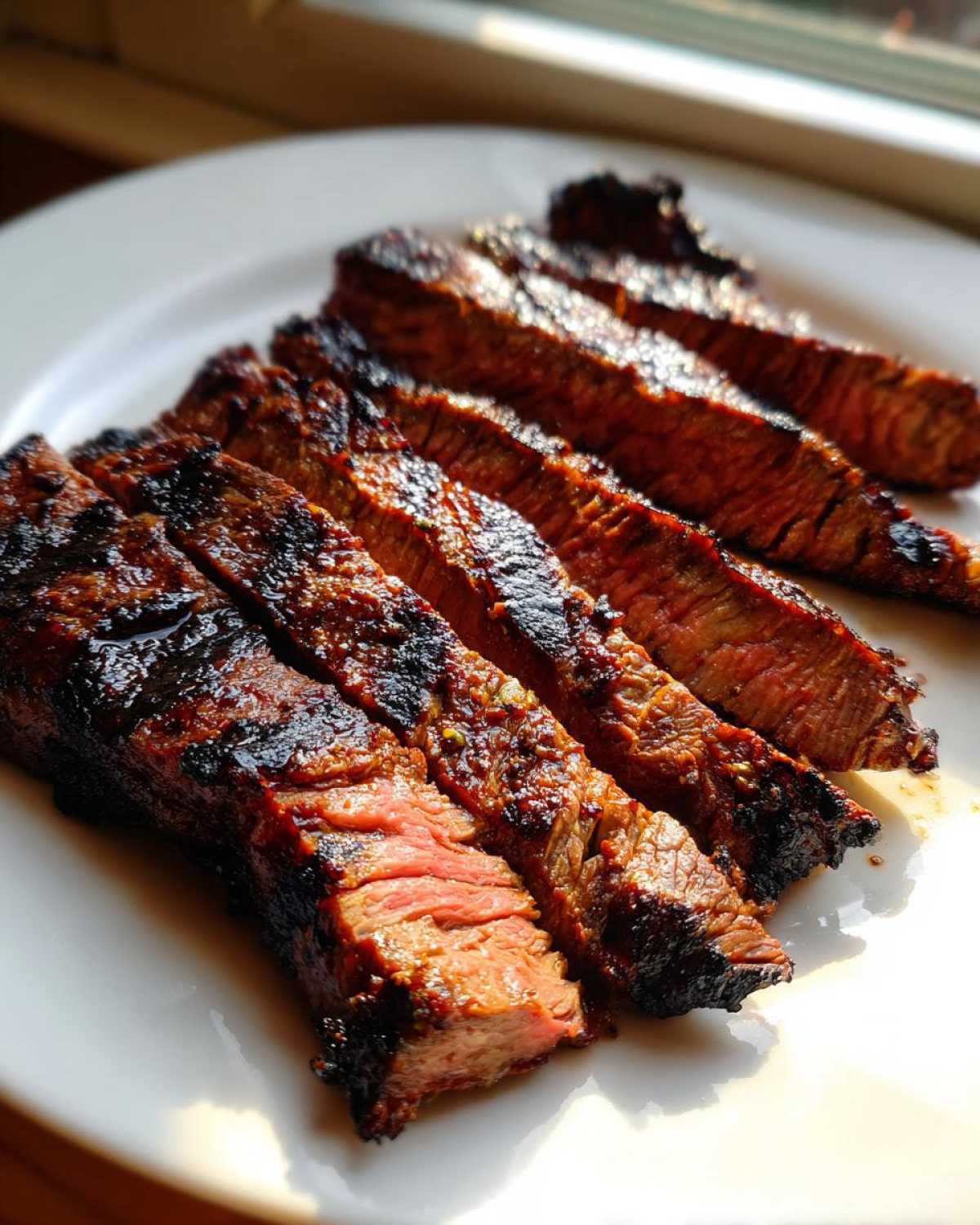 Close-up of medium-rare, sliced steak showing char marks, achieved using the carne asada marinade.